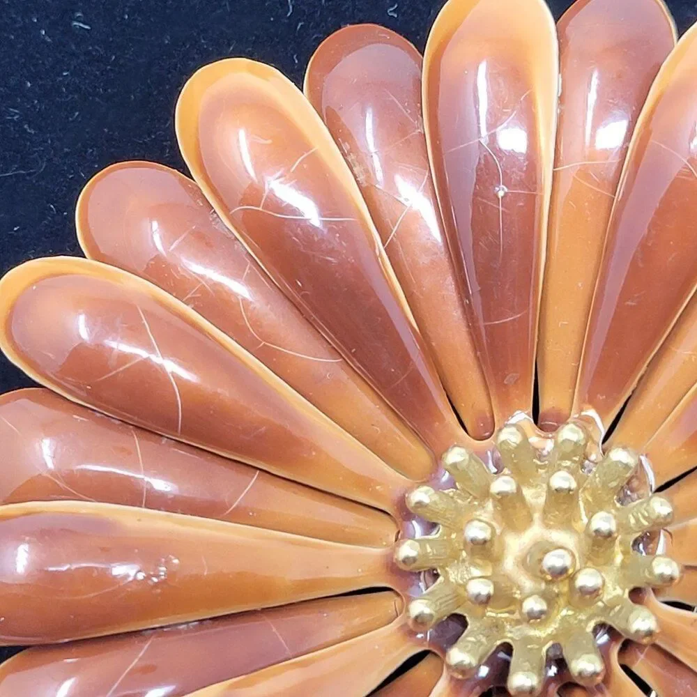 Vintage 60s‎ Brown Orange Enamel Flower Brooch Pin Mid-Century Mod Sunflower Lg